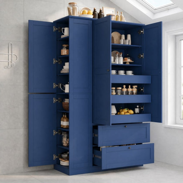 English Elm Topmax Farmhouse Pantry Cabinet with Pull-out Trays Soft-close Doors and Ample Shelving Blue SP000113AAC