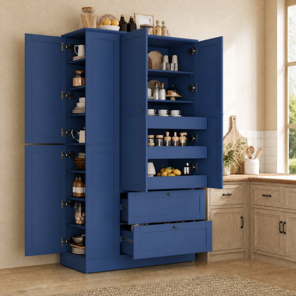 English Elm Topmax Farmhouse Pantry Cabinet with Pull-out Trays Soft-close Doors and Ample Shelving Blue SP000113AAC
