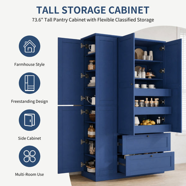 English Elm Topmax Farmhouse Pantry Cabinet with Pull-out Trays Soft-close Doors and Ample Shelving Blue SP000113AAC