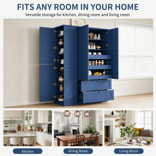 English Elm Topmax Farmhouse Pantry Cabinet with Pull-out Trays Soft-close Doors and Ample Shelving Blue SP000113AAC