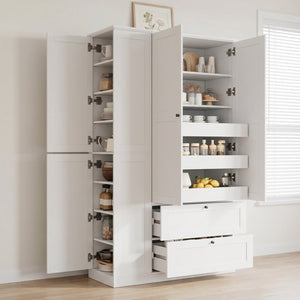 English Elm Topmax Farmhouse Pantry Cabinet with Pull-out Trays Soft-close Doors and Ample Shelving White SP000113AAK