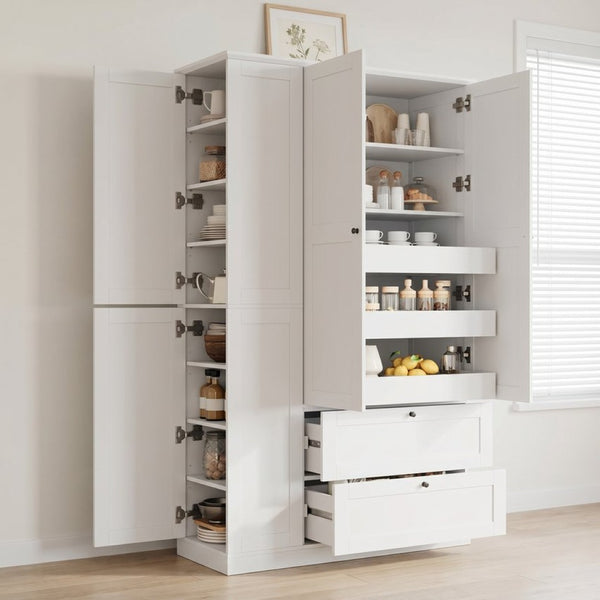 English Elm Topmax Farmhouse Pantry Cabinet with Pull-out Trays Soft-close Doors and Ample Shelving White SP000113AAK