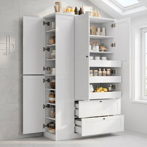 English Elm Topmax Farmhouse Pantry Cabinet with Pull-out Trays Soft-close Doors and Ample Shelving White SP000113AAK
