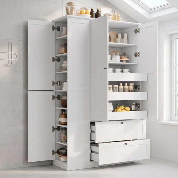 English Elm Topmax Farmhouse Pantry Cabinet with Pull-out Trays Soft-close Doors and Ample Shelving White SP000113AAK