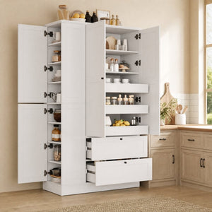 English Elm Topmax Farmhouse Pantry Cabinet with Pull-out Trays Soft-close Doors and Ample Shelving White SP000113AAK