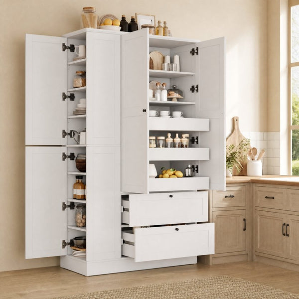 English Elm Topmax Farmhouse Pantry Cabinet with Pull-out Trays Soft-close Doors and Ample Shelving White SP000113AAK