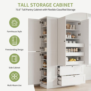 English Elm Topmax Farmhouse Pantry Cabinet with Pull-out Trays Soft-close Doors and Ample Shelving White SP000113AAK