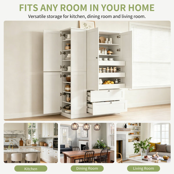 English Elm Topmax Farmhouse Pantry Cabinet with Pull-out Trays Soft-close Doors and Ample Shelving White SP000113AAK