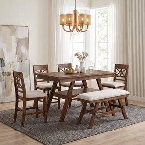 English Elm Topmax Rustic Counter Height Dining Set Seats Six with Bench Cushioned Chairs Storage Shelf Walnut SP000257AAD