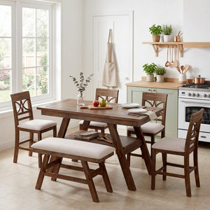 English Elm Topmax Rustic Counter Height Dining Set Seats Six with Bench Cushioned Chairs Storage Shelf Walnut SP000257AAD