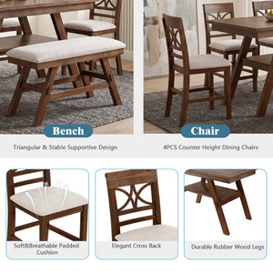 English Elm Topmax Rustic Counter Height Dining Set Seats Six with Bench Cushioned Chairs Storage Shelf Walnut SP000257AAD