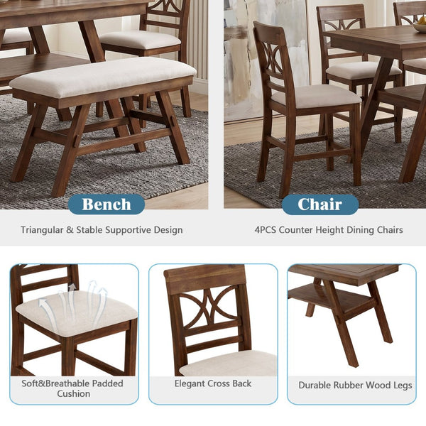 English Elm Topmax Rustic Counter Height Dining Set Seats Six with Bench Cushioned Chairs Storage Shelf Walnut SP000257AAD
