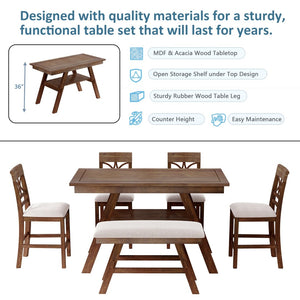 English Elm Topmax Rustic Counter Height Dining Set Seats Six with Bench Cushioned Chairs Storage Shelf Walnut SP000257AAD