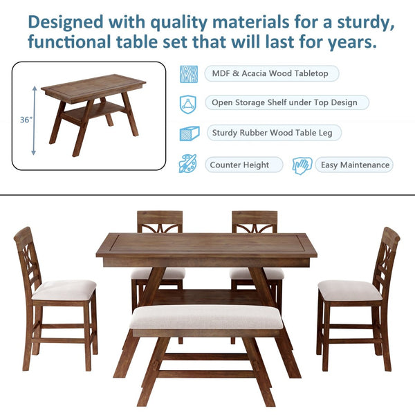 English Elm Topmax Rustic Counter Height Dining Set Seats Six with Bench Cushioned Chairs Storage Shelf Walnut SP000257AAD