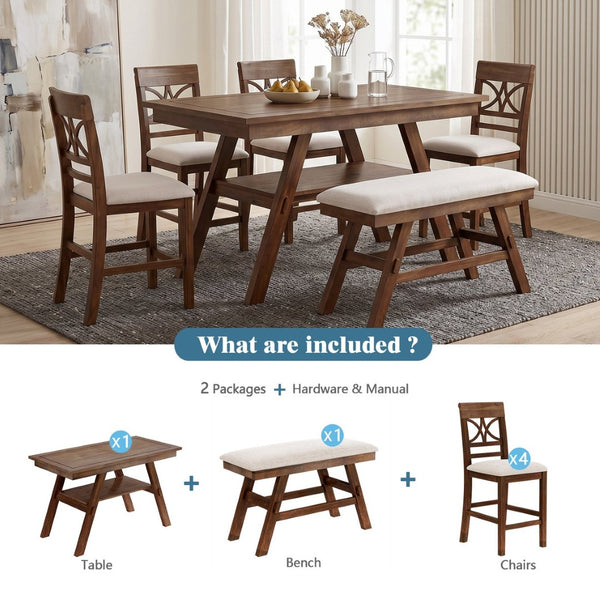 English Elm Topmax Rustic Counter Height Dining Set Seats Six with Bench Cushioned Chairs Storage Shelf Walnut SP000257AAD