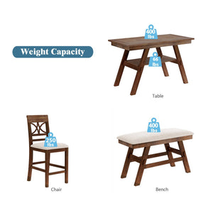English Elm Topmax Rustic Counter Height Dining Set Seats Six with Bench Cushioned Chairs Storage Shelf Walnut SP000257AAD