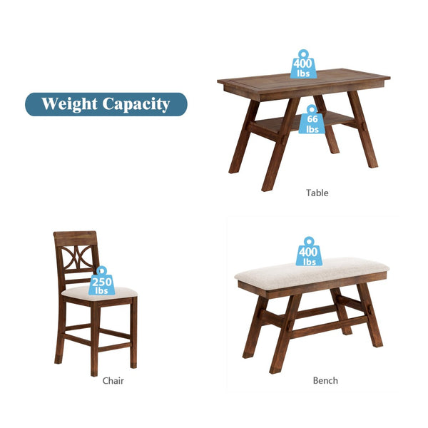 English Elm Topmax Rustic Counter Height Dining Set Seats Six with Bench Cushioned Chairs Storage Shelf Walnut SP000257AAD