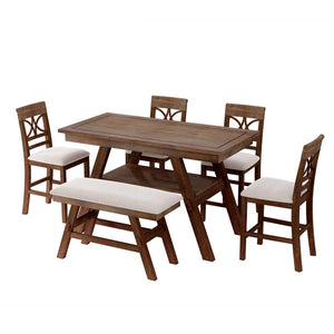 English Elm Topmax Rustic Counter Height Dining Set Seats Six with Bench Cushioned Chairs Storage Shelf Walnut SP000257AAD