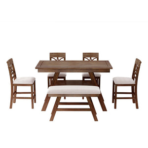 English Elm Topmax Rustic Counter Height Dining Set Seats Six with Bench Cushioned Chairs Storage Shelf Walnut SP000257AAD