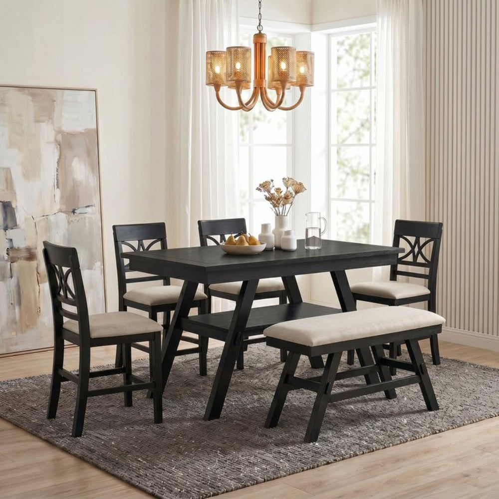 English Elm Topmax Rustic Counter Height Dining Set Seats Six with Bench Cushioned Chairs Storage Shelf Espresso SP000257AAP