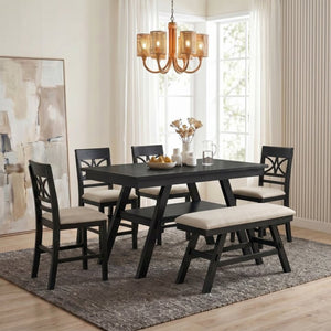 English Elm Topmax Rustic Counter Height Dining Set Seats Six with Bench Cushioned Chairs Storage Shelf Espresso SP000257AAP
