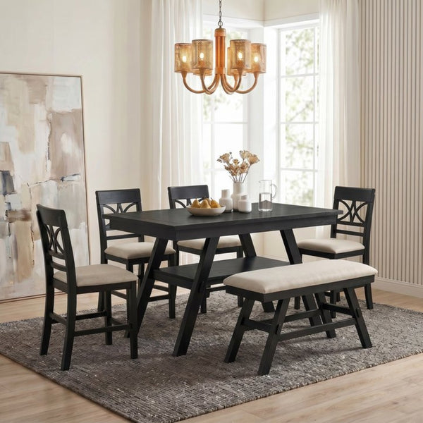 English Elm Topmax Rustic Counter Height Dining Set Seats Six with Bench Cushioned Chairs Storage Shelf Espresso SP000257AAP