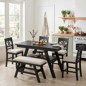 English Elm Topmax Rustic Counter Height Dining Set Seats Six with Bench Cushioned Chairs Storage Shelf Espresso SP000257AAP