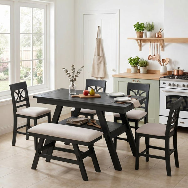 English Elm Topmax Rustic Counter Height Dining Set Seats Six with Bench Cushioned Chairs Storage Shelf Espresso SP000257AAP