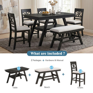 English Elm Topmax Rustic Counter Height Dining Set Seats Six with Bench Cushioned Chairs Storage Shelf Espresso SP000257AAP