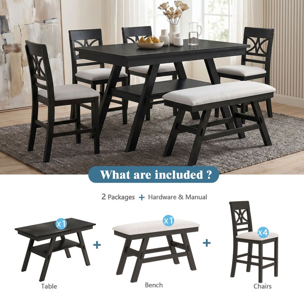 English Elm Topmax Rustic Counter Height Dining Set Seats Six with Bench Cushioned Chairs Storage Shelf Espresso SP000257AAP