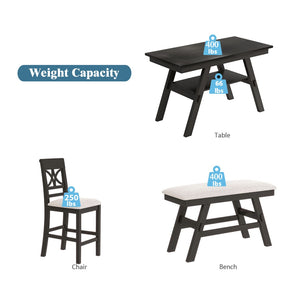 English Elm Topmax Rustic Counter Height Dining Set Seats Six with Bench Cushioned Chairs Storage Shelf Espresso SP000257AAP