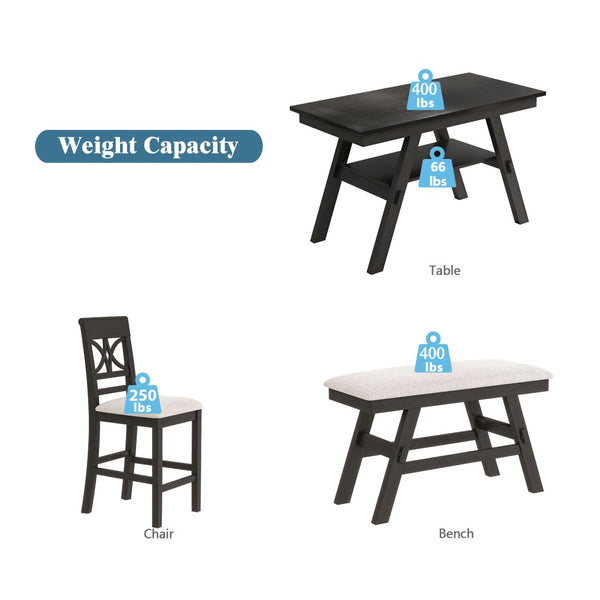 English Elm Topmax Rustic Counter Height Dining Set Seats Six with Bench Cushioned Chairs Storage Shelf Espresso SP000257AAP
