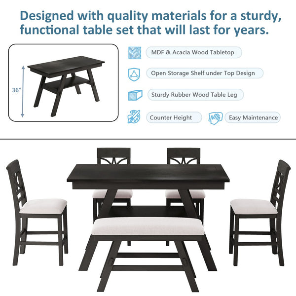 English Elm Topmax Rustic Counter Height Dining Set Seats Six with Bench Cushioned Chairs Storage Shelf Espresso SP000257AAP