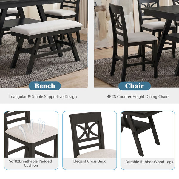 English Elm Topmax Rustic Counter Height Dining Set Seats Six with Bench Cushioned Chairs Storage Shelf Espresso SP000257AAP
