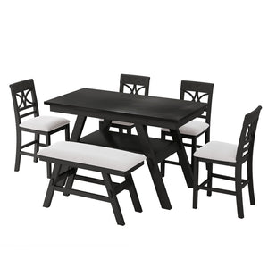 English Elm Topmax Rustic Counter Height Dining Set Seats Six with Bench Cushioned Chairs Storage Shelf Espresso SP000257AAP