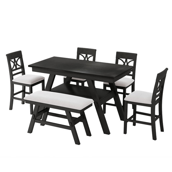 English Elm Topmax Rustic Counter Height Dining Set Seats Six with Bench Cushioned Chairs Storage Shelf Espresso SP000257AAP