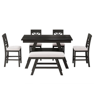 English Elm Topmax Rustic Counter Height Dining Set Seats Six with Bench Cushioned Chairs Storage Shelf Espresso SP000257AAP