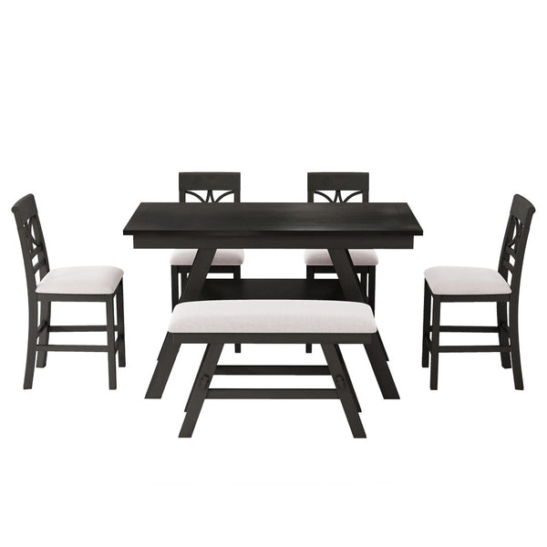 English Elm Topmax Rustic Counter Height Dining Set Seats Six with Bench Cushioned Chairs Storage Shelf Espresso SP000257AAP