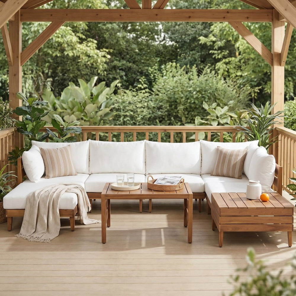 English Elm Topmax Acacia Wood 8 Piece Modular Outdoor Sectional with Storage Table and Cushions SP100039AAA