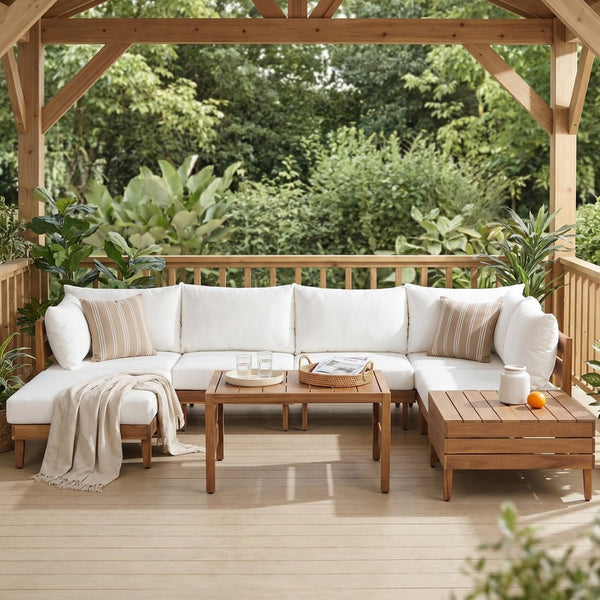 English Elm Topmax Acacia Wood 8 Piece Modular Outdoor Sectional with Storage Table and Cushions SP100039AAA