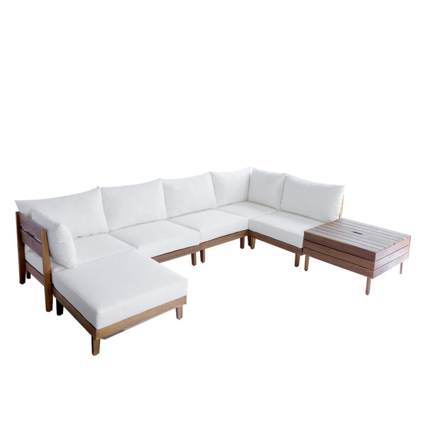 English Elm Topmax Acacia Wood 8 Piece Modular Outdoor Sectional with Storage Table and Cushions SP100039AAA