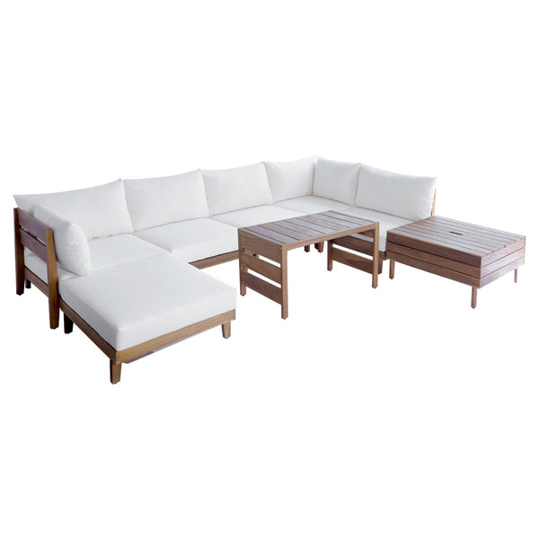 English Elm Topmax Acacia Wood 8 Piece Modular Outdoor Sectional with Storage Table and Cushions SP100039AAA