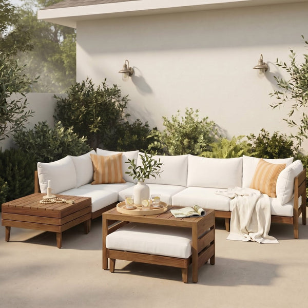 English Elm Topmax Acacia Wood 8 Piece Modular Outdoor Sectional with Storage Table and Cushions SP100039AAA