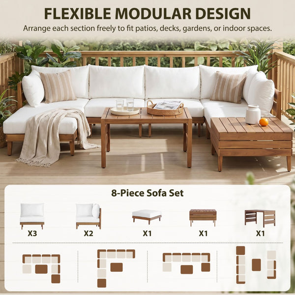 English Elm Topmax Acacia Wood 8 Piece Modular Outdoor Sectional with Storage Table and Cushions SP100039AAA