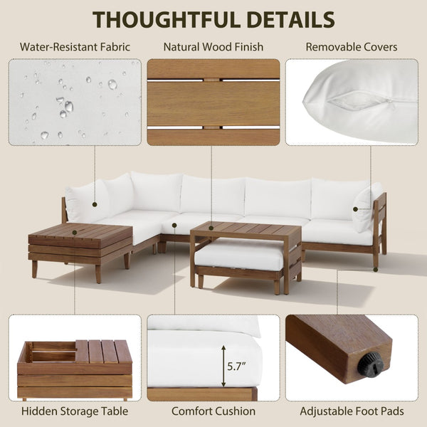 English Elm Topmax Acacia Wood 8 Piece Modular Outdoor Sectional with Storage Table and Cushions SP100039AAA