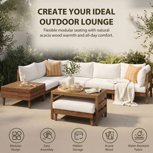 English Elm Topmax Acacia Wood 8 Piece Modular Outdoor Sectional with Storage Table and Cushions SP100039AAA