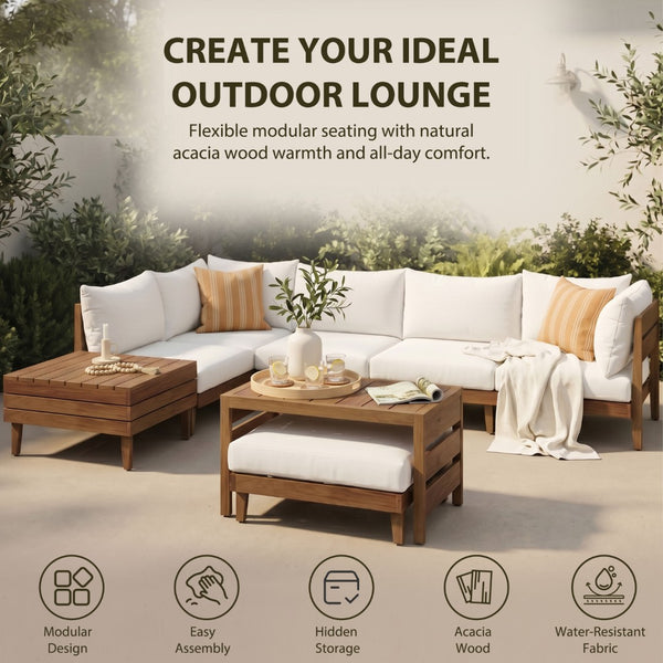 English Elm Topmax Acacia Wood 8 Piece Modular Outdoor Sectional with Storage Table and Cushions SP100039AAA