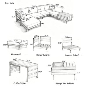 English Elm Topmax Acacia Wood 8 Piece Modular Outdoor Sectional with Storage Table and Cushions SP100039AAA