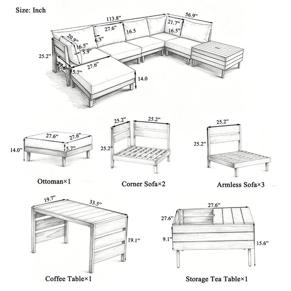 English Elm Topmax Acacia Wood 8 Piece Modular Outdoor Sectional with Storage Table and Cushions SP100039AAA