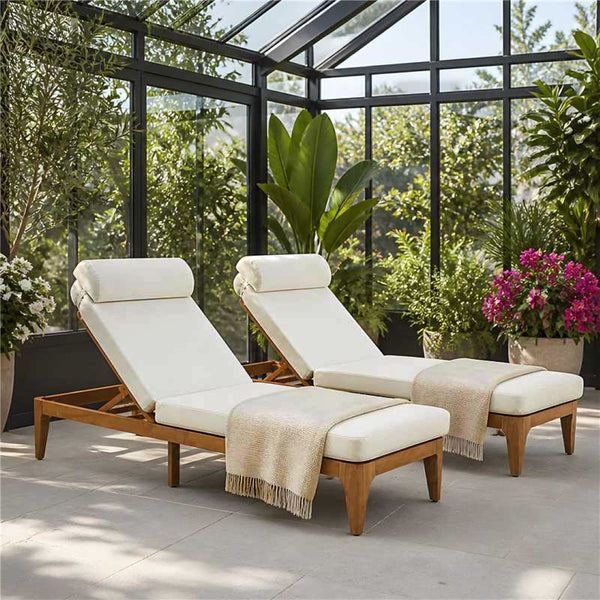 English Elm Topmax Acacia Wood Outdoor Chaise Lounge Set of 2 with Adjustable Backrest Poolside Beige SP100042AAA